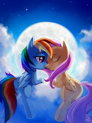 Size: 1452x1940 | Tagged: safe, artist:si1vr, fluttershy, rainbow dash, pegasus, pony, backlighting, female, flutterdash, flying, lesbian, mare, moon, night, nuzzling, shipping, smiling