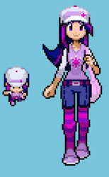 Size: 1100x1790 | Tagged: safe, artist:shadowthezoroark, twilight sparkle, human, belt, clothes, hat, humanized, pixel art, pokémon, socks, sprite, striped socks, thigh highs