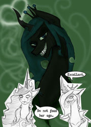 Size: 500x697 | Tagged: safe, artist:cyclops pony, artist:negativefade, princess luna, queen chrysalis, alicorn, changeling, changeling queen, pony, metal goddess luna, paper pony, traditional art