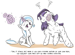 Size: 750x553 | Tagged: safe, artist:foudubulbe, derpibooru import, maud pie, trixie, earth pony, pony, unicorn, comic:damp rocks, alcohol, cut, dialogue, eyes closed, female, floppy ears, lesbian, magic, mare, mauxie, muscles, open mouth, shipping, telekinesis