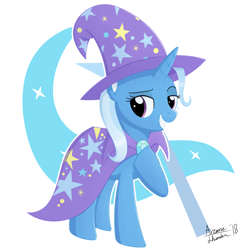 Size: 3000x3000 | Tagged: safe, artist:arcane-thunder, derpibooru import, trixie, pony, unicorn, cape, clothes, cutie mark, digital art, female, hat, high res, looking at you, mare, signature, simple background, smiling, solo, trixie's cape, trixie's hat, white background