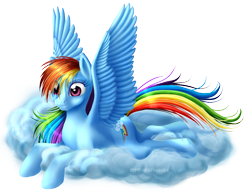 Size: 875x675 | Tagged: safe, artist:kittehkatbar, rainbow dash, pegasus, pony, backwards cutie mark, cloud, female, mare, on a cloud, prone, simple background, solo, spread wings, transparent background, wings