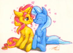 Size: 1024x742 | Tagged: safe, artist:angusdra, derpibooru import, sunset shimmer, trixie, pony, unicorn, boop, female, heart, lesbian, mare, noseboop, shipping, smiling, suntrix, traditional art, watermark