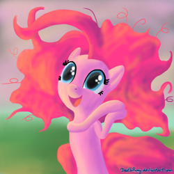 Size: 1000x1000 | Tagged: safe, artist:deathpwny, pinkie pie, earth pony, pony, bipedal, female, happy, hooves together, mare, messy mane, smiling, solo