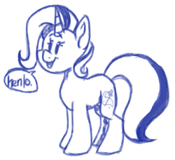 Size: 561x511 | Tagged: safe, artist:binkyt11, derpibooru exclusive, derpibooru import, trixie, pony, unicorn, aggie.io, female, henlo, mare, monochrome, simple background, solo, speech bubble, white background