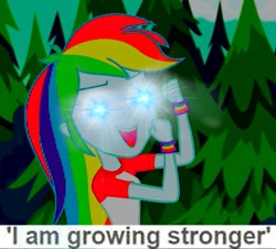 Size: 419x378 | Tagged: safe, edit, screencap, rainbow dash, equestria girls, legend of everfree, /pol/, ebola, expand dong, faic, glowing eyes, glowing eyes meme, i am growing stronger, lens flare, meme, solo, this will end in tears