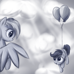 Size: 1200x1200 | Tagged: safe, artist:fajeh, rainbow dash, scootaloo, pegasus, pony, balloon, cute, cutealoo, duo, duo female, female, filly, flying, looking at each other, mare, scootaloo can't fly, sky