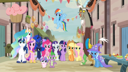 Size: 1920x1080 | Tagged: safe, derpibooru import, screencap, applejack, discord, fluttershy, pinkie pie, princess cadance, princess celestia, princess flurry heart, princess luna, rainbow dash, rarity, shining armor, spike, trixie, twilight sparkle, twilight sparkle (alicorn), alicorn, dragon, earth pony, pegasus, pony, unicorn, to where and back again, alicorn pentarchy, group photo, happy, looking at you, mane seven, mane six, our town, smiling