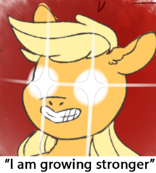 Size: 430x476 | Tagged: safe, artist:jellybeanbullet, edit, applejack, earth pony, pony, /pol/, ebola, expand dong, exploitable meme, glowing eyes, glowing eyes meme, i am growing stronger, meme, solo, yaint