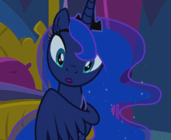 Size: 990x810 | Tagged: safe, screencap, princess luna, alicorn, pony, do princesses dream of magic sheep, :o, animated, bed, bedroom, cropped, cute, hair pulling, head tilt, hug, looking at you, lunabetes, mane, solo, stare, surprised, tugging, twilight's castle, wide eyes