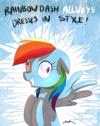 Size: 1889x2362 | Tagged: safe, artist:affanita, rainbow dash, pegasus, pony, abstract background, contemplating insanity, derp, female, floppy ears, grin, insanity, mare, rainbow dash always dresses in style, smiling, solo, spread wings