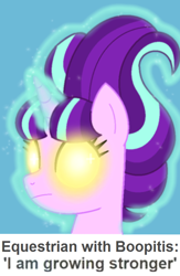 Size: 586x898 | Tagged: safe, edit, edited screencap, screencap, starlight glimmer, pony, unicorn, ebola, exploitable meme, glimmerposting, glowing eyes, glowing eyes meme, glowing horn, i am growing stronger, levitation, magic, meme, self-levitation, shitposting, solo, telekinesis