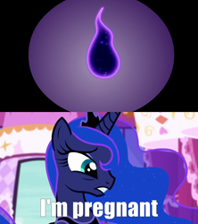 Size: 1280x1440 | Tagged: safe, edit, edited screencap, screencap, princess luna, tantabus, alicorn, pony, do princesses dream of magic sheep, caption, ethereal mane, female, hilarious in hindsight, implied pregnancy, mare, out of context, starry mane