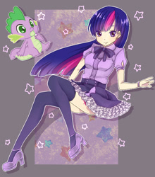 Size: 768x871 | Tagged: safe, artist:kazusa, spike, twilight sparkle, human, clothes, high heels, humanized, miniskirt, pixiv, school uniform, schoolgirl, skirt, thigh highs