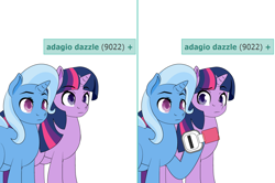 Size: 1204x800 | Tagged: safe, artist:dekomaru, derpibooru import, edit, trixie, twilight sparkle, pony, unicorn, ask, comic, derpibooru, female, implied adagio dazzle, lesbian, meta, over 9000, scouter, shipping, tags, tumblr, tumblr:ask twixie, twixie