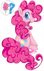 Size: 639x1026 | Tagged: safe, artist:ambunny, pinkie pie, earth pony, pony, cotton candy, cute, diapinkes, female, food, mare, nom, pictogram, question mark, simple background, sitting, solo, transparent background