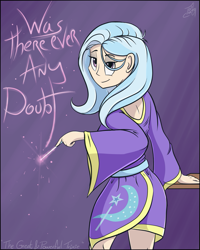 Size: 819x1024 | Tagged: dead source, safe, artist:tlatophat, derpibooru import, trixie, human, bathrobe, clothes, humanized, robe, solo, wand