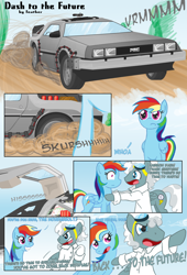 Size: 1024x1502 | Tagged: safe, artist:feather, rainbow dash, earth pony, pegasus, pony, back to the future, car, comic, crossover, delorean, duo, female, goggles, male, mare, ponified, stallion