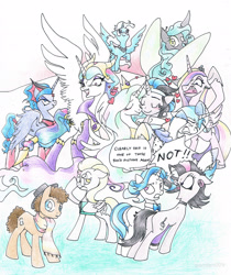 Size: 2479x2945 | Tagged: safe, artist:pandan009, derpibooru import, derpy hooves, dj pon-3, doctor whooves, king sombra, octavia melody, princess cadance, princess celestia, princess luna, queen chrysalis, reversalis, shining armor, trixie, vinyl scratch, alicorn, changeling, changeling queen, earth pony, pony, unicorn, alternate universe, bright eyes (mirror universe), celestibra, evil celestia, evil luna, evil sisters, female, good king sombra, hair over one eye, male, mirror universe, race swap, rocktavia, shipping, straight, vinyl class