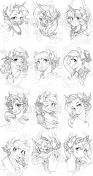 Size: 735x1388 | Tagged: safe, artist:kalthedestroyer, derpibooru import, applejack, fluttershy, maud pie, pinkie pie, princess celestia, princess luna, rainbow dash, rarity, starlight glimmer, sunset shimmer, trixie, twilight sparkle, alicorn, earth pony, pegasus, pony, unicorn, accessories, bust, monochrome, portrait, watermark