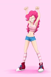 Size: 1835x2761 | Tagged: dead source, safe, artist:seismopac, pinkie pie, human, 2010s, 2012, armpits, belly button, clothes, converse, crazy face, denim shorts, faic, female, humanized, midriff, pink background, pink hair, shoes, shorts, simple background, skinny, sneakers, socks, solo, tanktop