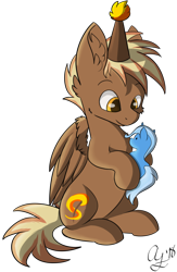 Size: 1280x1968 | Tagged: safe, artist:aurorafang, derpibooru import, trixie, oc, oc only, oc:firebrand, pegasus, pony, birthday, cute, eyes on the prize, hat, male, party hat, plushie, simple background, solo, stallion, transparent background