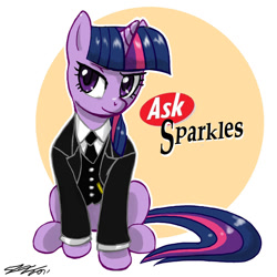 Size: 900x900 | Tagged: safe, artist:johnjoseco, derpibooru import, twilight sparkle, pony, unicorn, ask jeeves, butler, clothes, female, gentlepony's personal gentlepony, jeeves, mare, necktie, parody, servant, sitting, smiling, solo, suit, valet