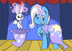 Size: 1280x912 | Tagged: safe, artist:rosexknight, derpibooru import, angel bunny, trixie, magic, magic trick, stage, trixie's hat