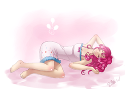 Size: 2962x2152 | Tagged: safe, artist:missangest, pinkie pie, human, barefoot, clothes, dress, feet, female, gradient background, high res, humanized, pajamas, sleeping, solo