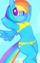 Size: 1061x1657 | Tagged: safe, artist:doxy, rainbow dash, pegasus, pony, semi-anthro, armpits, belly button, bikini, clothes, female, hooves behind head, mare, solo, swimsuit, yellow swimsuit