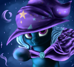 Size: 1024x931 | Tagged: safe, artist:com3tfire, derpibooru import, trixie, pony, unicorn, cape, clothes, crescent moon, female, hat, moon, solo, stars, trixie's cape, trixie's hat