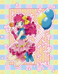 Size: 1000x1268 | Tagged: safe, artist:chikorita85, pinkie pie, human, abstract background, balloon, candy, clothes, cute, diapinkes, dress, female, humanized, jumping, lollipop, looking back, open mouth, smiling