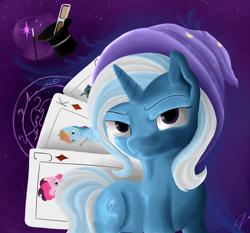 Size: 1024x956 | Tagged: safe, artist:com3tfire, derpibooru import, trixie, cape, card, clothes, female, hat, mare, solo, top hat, trixie's cape, wand