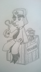 Size: 545x965 | Tagged: safe, artist:threetwotwo32232, derpibooru import, trixie, oc, oc:ragtime melody, unicorn, alcohol, box, crate, hat, monochrome, plushie, sketch, straw, traditional art, ushanka, vodka