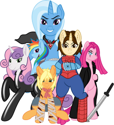 Size: 12000x13156 | Tagged: safe, artist:mactavish1996, artist:salemcat, derpibooru import, applejack, pinkie pie, rainbow dash, sweetie belle, trixie, cyborg, earth pony, pegasus, pony, absurd resolution, alicorn amulet, artificial wings, augmented, bandana, black widow (marvel), catsuit, clothes, crossover, future, hoof wraps, jumpsuit, katana, longcoat, marvel comics, mechanical wing, older, peter parker, pinkamena diane pie, ponified, sequel, shorts, spider-man, spiders and magic iii: days of friendship past, spiders and magic: rise of spider-mane, sword, vest, weapon, wings