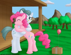 Size: 800x617 | Tagged: safe, artist:digoraccoon, cloudy quartz, pinkie pie, earth pony, pony, balloon, duo, duo female, female, hug, mare, mother and child, mother and daughter, parent and child, smiling, suitcase, veranda