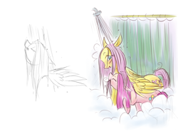 Size: 1600x1200 | Tagged: safe, fluttershy, pinkie pie, earth pony, pegasus, pony, female, flutterpie, lesbian, mare, shipping, shower, shower curtain, wet mane