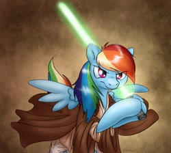 Size: 1342x1200 | Tagged: safe, artist:conicer, rainbow dash, pegasus, pony, g4, clothes, crossover, female, jedi, lightsaber, mare, robe, solo, star wars