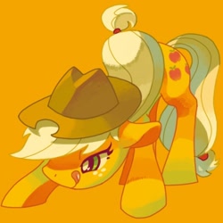 Size: 500x500 | Tagged: safe, artist:mutagorou0w0, applejack, earth pony, pony, bedroom eyes, cute, face down ass up, female, floppy ears, get, jackabetes, licking lips, mare, milestone, smiling, solo, tongue out