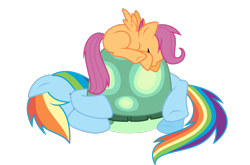 Size: 1250x824 | Tagged: safe, artist:kumkrum, rainbow dash, scootaloo, tank, pegasus, pony, cute, cutealoo, female, filly, mare, simple background, sleeping, transparent background