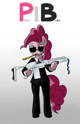 Size: 830x1280 | Tagged: safe, artist:frankier77, pinkie pie, earth pony, pony, semi-anthro, bipedal, clothes, crossover, female, gradient background, gun, men in black, parody, solo, suit, sunglasses, weapon