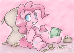 Size: 694x501 | Tagged: safe, artist:soulspade, pinkie pie, earth pony, pony, female, flour sack, food, grin, mare, no pupils, on back, smiling, solo, spoon, sweets