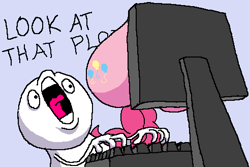 Size: 492x328 | Tagged: safe, pinkie pie, earth pony, human, pony, balloonbutt, computer, computer screen, female, hand, keyboard, male, mare, meme, open mouth, plot, reaction image, tongue out