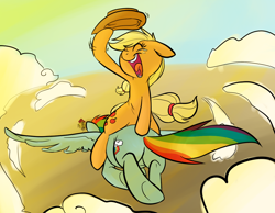 Size: 1150x894 | Tagged: safe, artist:php27, applejack, rainbow dash, earth pony, pegasus, pony, applejack's hat, butt touch, cowboy hat, diving, dr. strangelove, duo, duo female, female, flying, hat, hoof on butt, mare, parody, plot, ponies riding ponies, riding, this will end in explosions, yeehaw