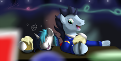 Size: 1250x630 | Tagged: safe, artist:jinyaranda, shining armor, soarin', pegasus, pony, unicorn, blue coat, blue mane, blue tail, cider, male, solo, stallion, wings