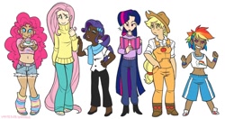 Size: 894x472 | Tagged: safe, artist:whitekitestrings, derpibooru import, applejack, fluttershy, pinkie pie, rainbow dash, rarity, twilight sparkle, belly button, clothes, cupcake, daisy dukes, dark skin, humanized, leg warmers, long mane, mane six, midriff, overalls, sports bra, sweater, sweatershy, tan lines, turtleneck