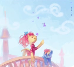 Size: 3161x2874 | Tagged: safe, artist:holivi, fluttershy, rainbow dash, butterfly, pegasus, pony, balcony, clothes, duo, duo female, female, high res, mare, sweater, sweatershy