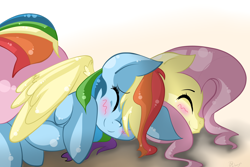 Size: 5000x3344 | Tagged: safe, artist:llamaswithkatanas, fluttershy, rainbow dash, pegasus, pony, blushing, eyes closed, female, flutterdash, lesbian, mare, shipping, smiling, wing blanket