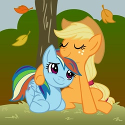 Size: 945x945 | Tagged: safe, artist:megasweet, applejack, rainbow dash, earth pony, pegasus, pony, appledash, female, hug, leaf, lesbian, mare, prone, shipping, smiling, tree