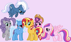 Size: 917x548 | Tagged: safe, artist:harmonyguard, derpibooru import, maud pie, night glider, princess cadance, sugar belle, sunset shimmer, trixie, alicorn, pony, alternate mane six, female